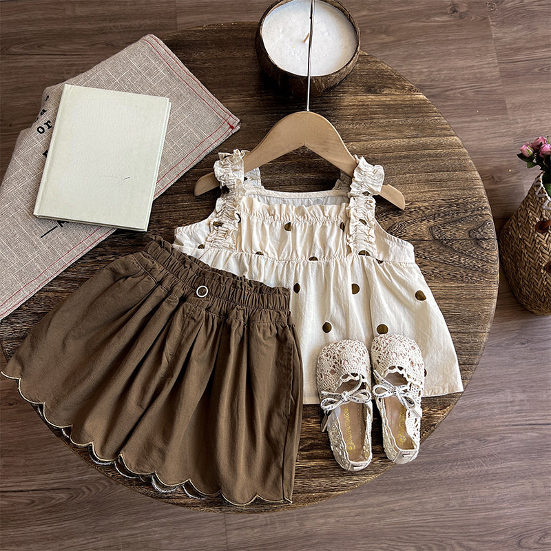 Cute Baby Girl Floral Dot Vest Shorts Two Piece Set, Suspenders and Shorts / 4-5 Years (120cm)