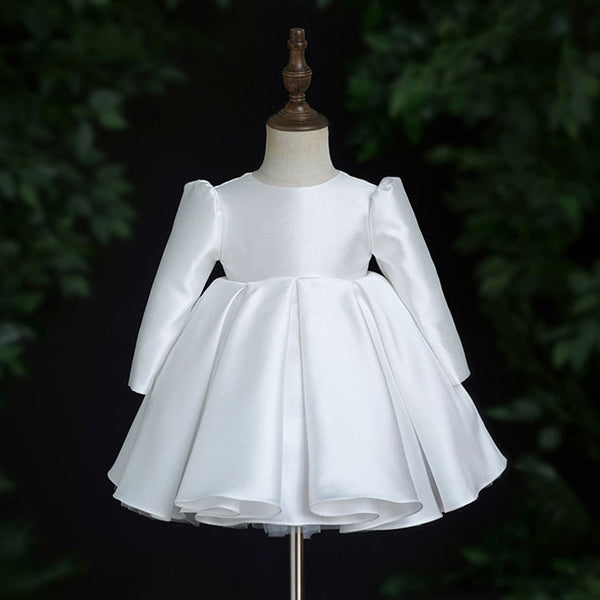 Cute Baby White Satin Long-sleeved One-year-old Princess Dress Toddler Christening Dress
