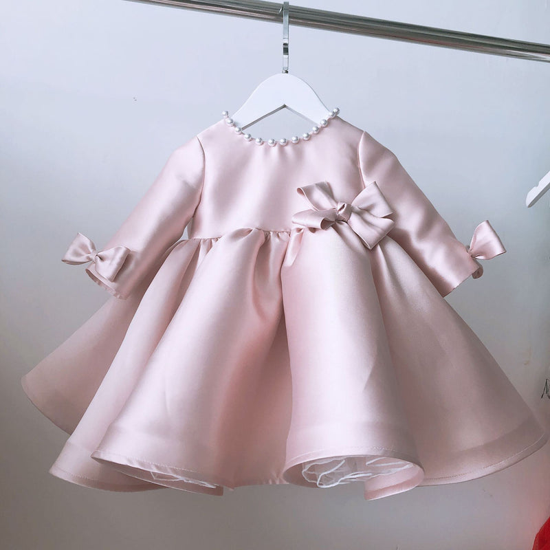 long sleeve pink bow dress Elegant Beaded Sequin Pink Long Sleeve Evening Dress with Bow SS230