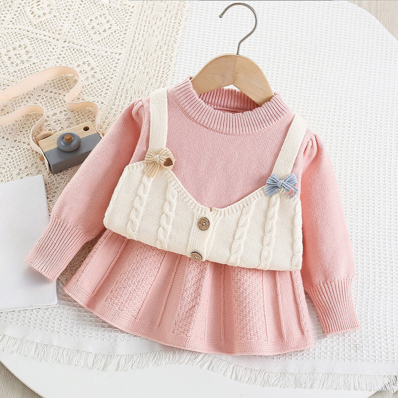 Girls' Fake Two-piece Knitted Cable Pullover Skirt Two-piece Set