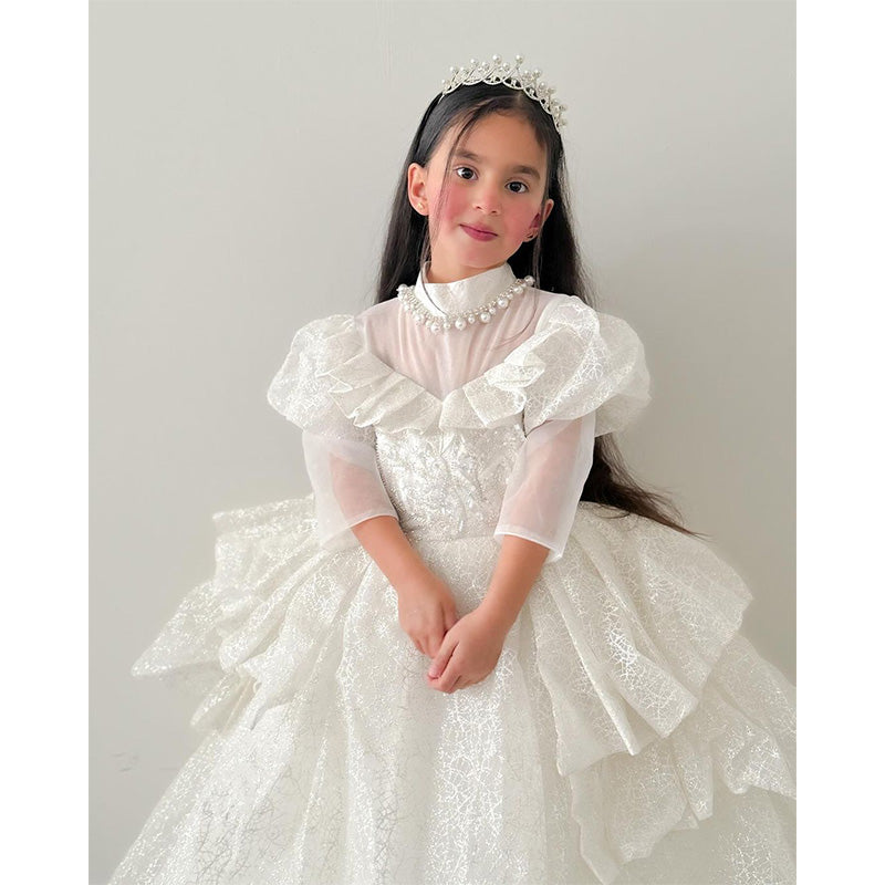 Toddler First Communion Dress Girl Party Dress Pageant White Sequin Puffy Princess Dress