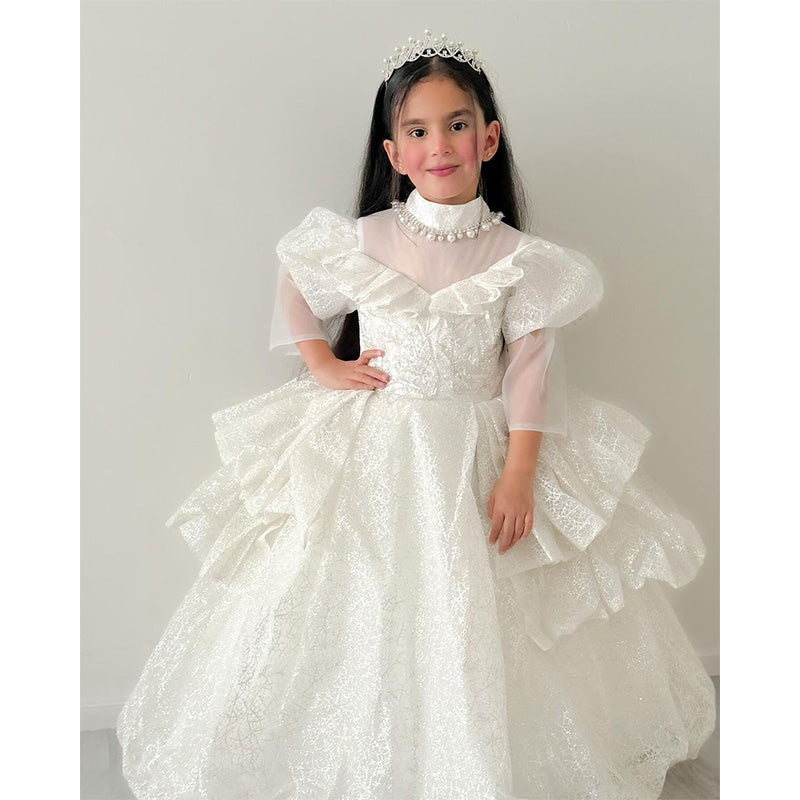 Toddler First Communion Dress Girl Party Dress Pageant White Sequin Puffy Princess Dress