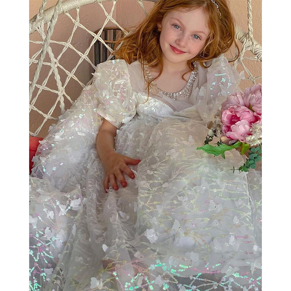 Flower Girl Dress Girl Summer White Puff Sleeve Butterfly Sequins Birthday Party Dress