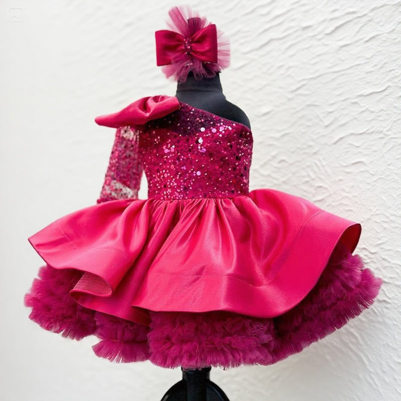 pink baby girl dresses special occasion Baby Girl First Birthday Dress, Pink Flower Girl Dress, Tutu Tulle Gown, Short Feathers Sleeve, Puffy Knee Dress, Special Occasion Outfit