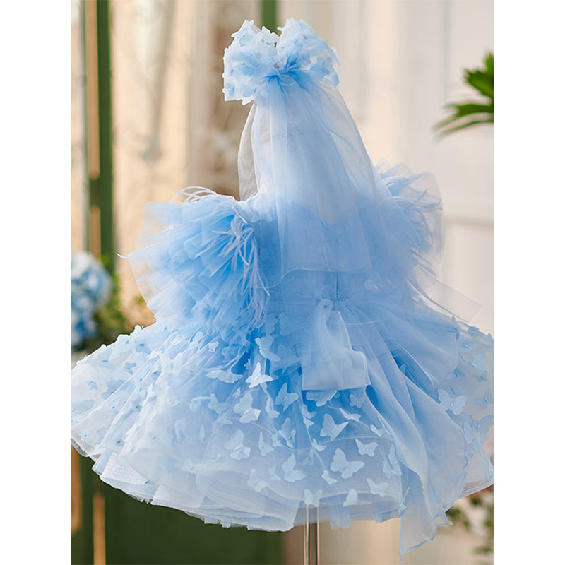 Cute Blue Butterfly  Pageant Dress Toddler First Birthday Party Princess Dress