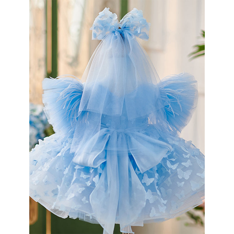 Cute Blue Butterfly  Pageant Dress Toddler First Birthday Party Princess Dress