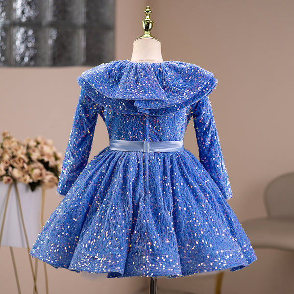 Girl Birthday Party Dress Baby Girl Pageant Blue Long Sleeve Sequin Puffy Princess Dress