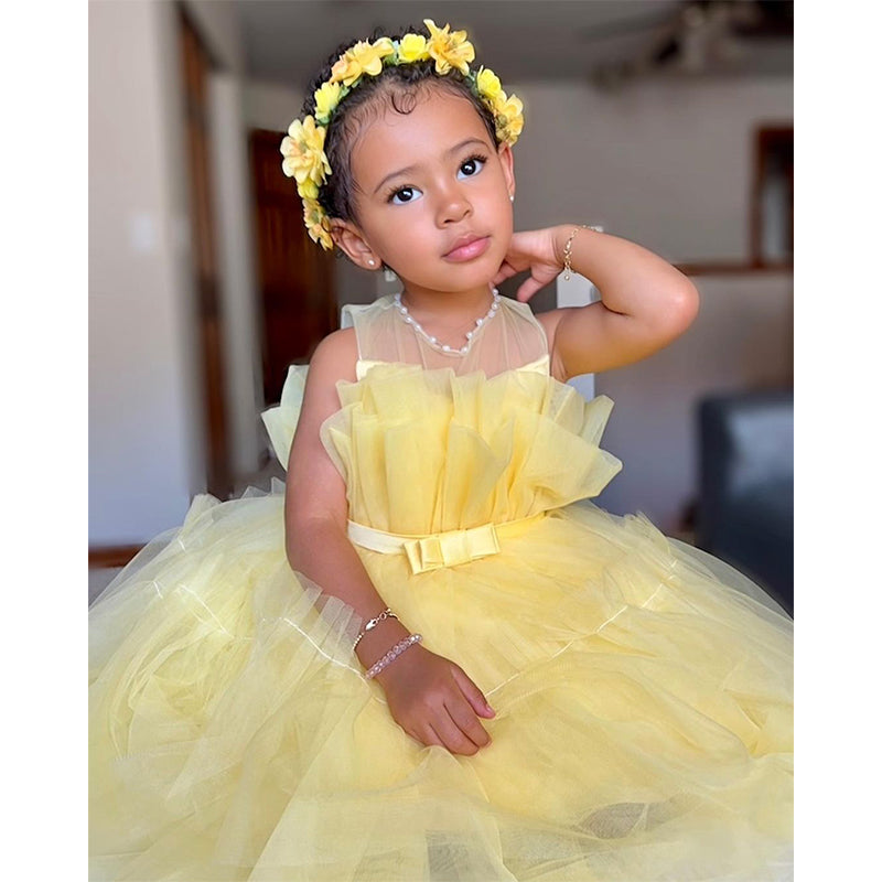 Baby Girl Christening Dresses Toddler Birthday Party Dress Yellow Puffy Girl Princess Dress