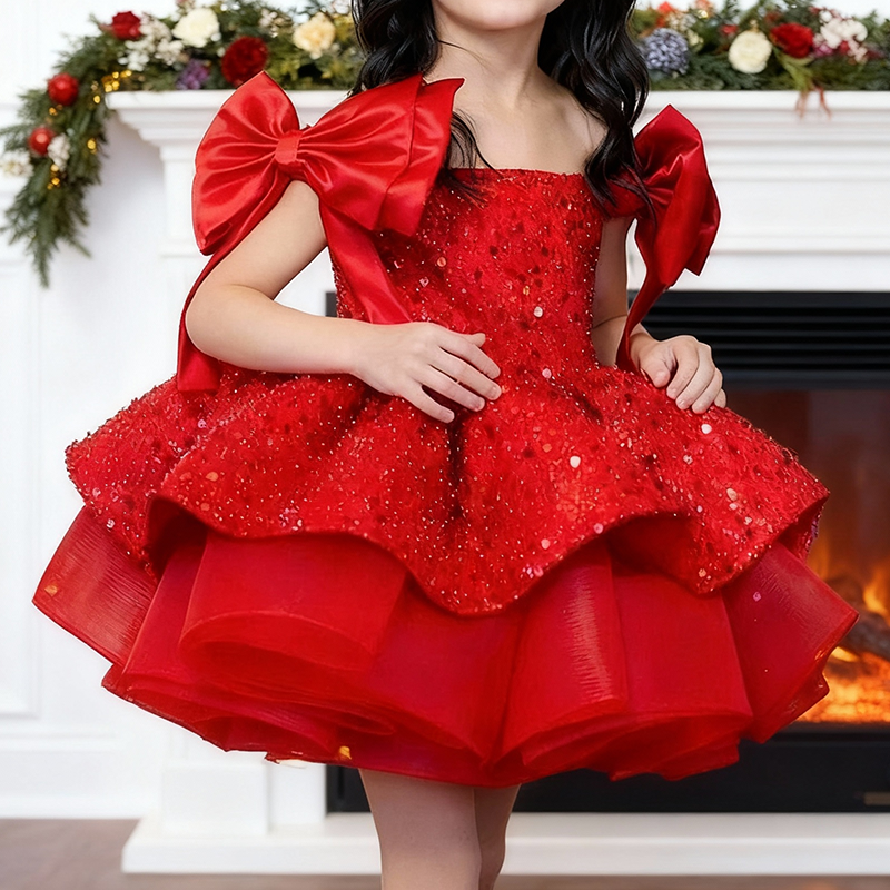 Cute Christmas Dress Baby Girl Sequins Pageant Dress Toddler Birthday Party Ball Gown