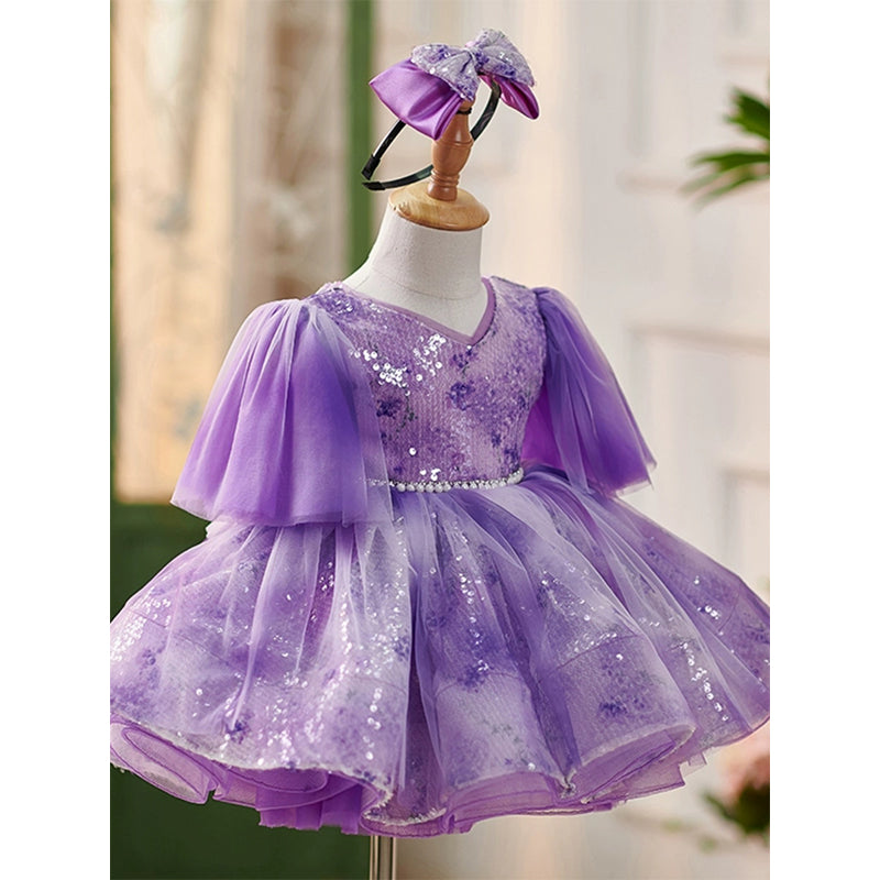 Toddler First Communion Dress Girl Purple Fluffy Sequins Princess Dress