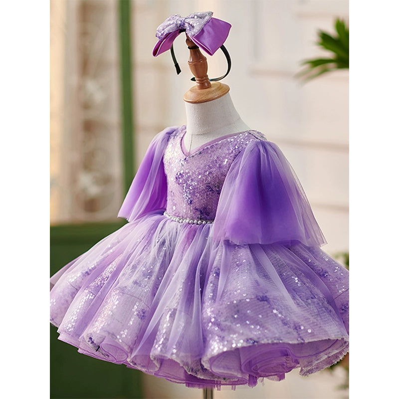 Toddler First Communion Dress Girl Purple Fluffy Sequins Princess Dress