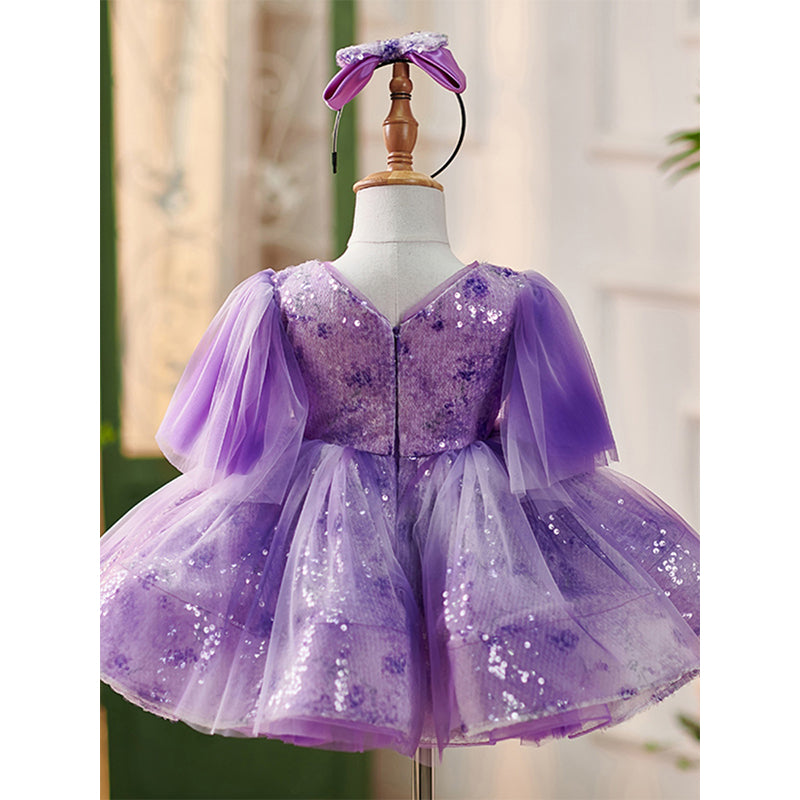 Toddler First Communion Dress Girl Purple Fluffy Sequins Princess Dress