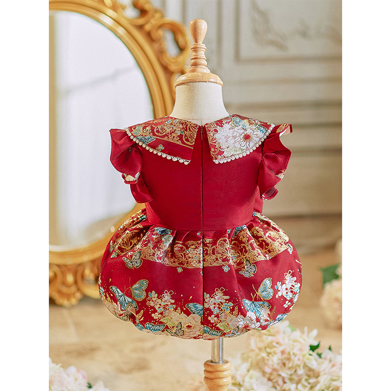 Cute Baby Girl Baptism Dress Red Embroidered Dress Toddler Birthday Trailing Princess Dress Cute Baby Girl Baptism Dress Red Embroidered Dress Toddler Birthday Trailing Princess Dress