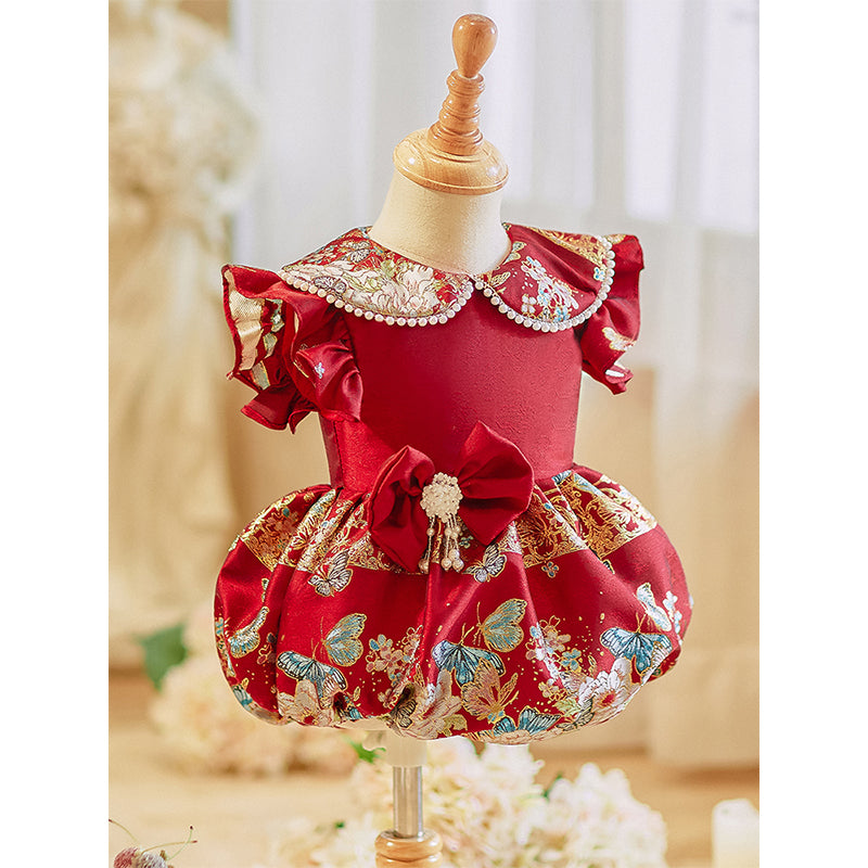 Cute Baby Girl Baptism Dress Red Embroidered Dress Toddler Birthday Trailing Princess Dress Cute Baby Girl Baptism Dress Red Embroidered Dress Toddler Birthday Trailing Princess Dress