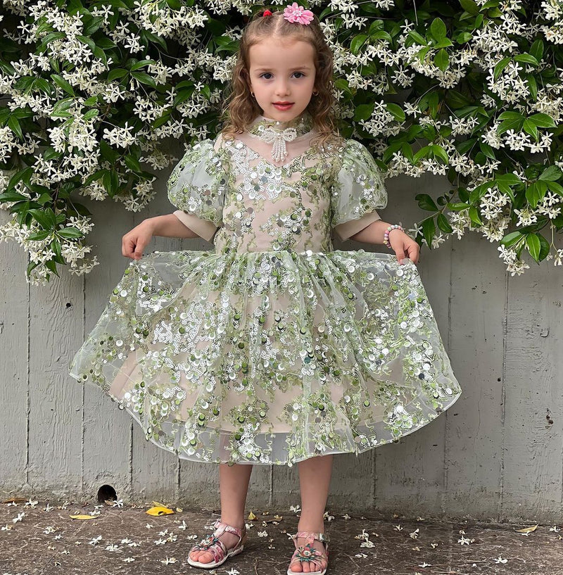 Baby Girl Summer Green Puff Sleeve Sequin Birthday Party Princess Dress