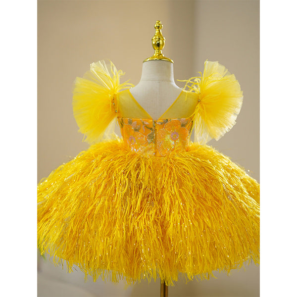 Baby Girls First Communion Dress Toddler Yellow Fluffy Princess Dress