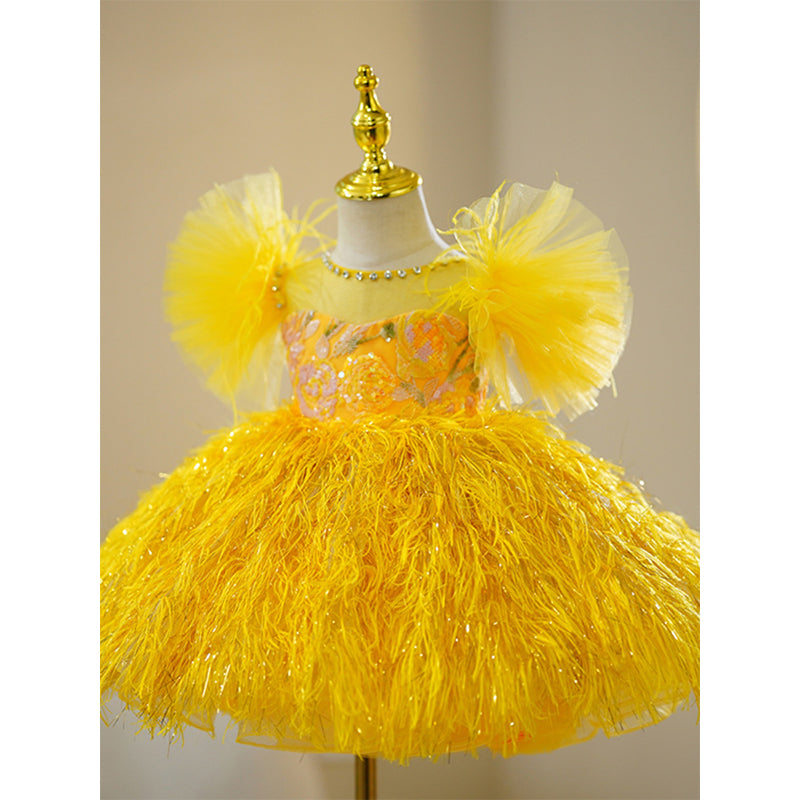 Baby Girls First Communion Dress Toddler Yellow Fluffy Princess Dress