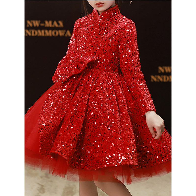 Toddler Girl Winter Red Sequin Bow Fluffy Princess Dress
