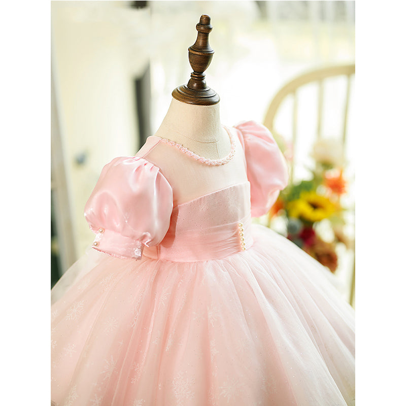 Flower Girl Dress Toddler Pink Puff Sleeves Fluffy Mesh Communion