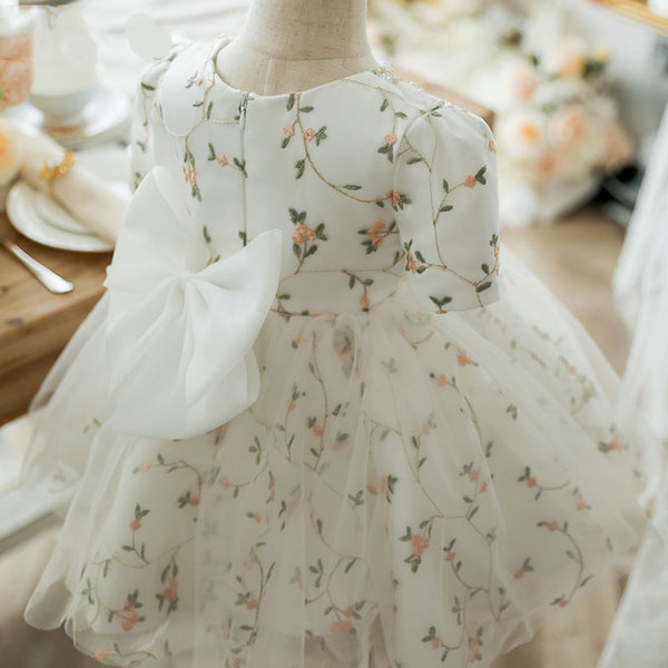 Flower Embroidered White Yarn Princess Dress