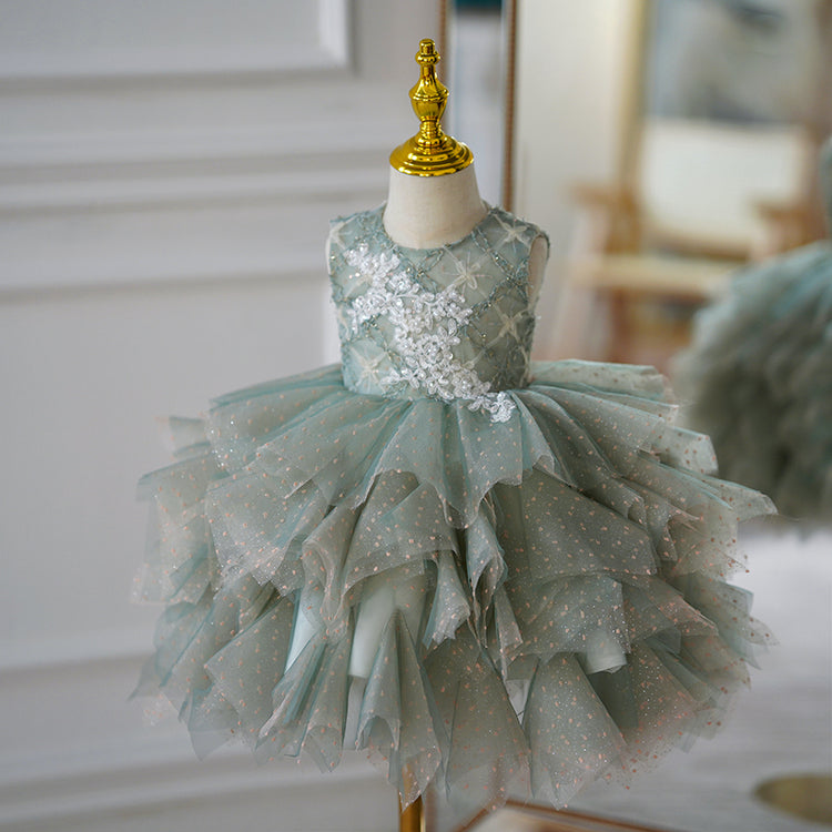 Girl Prom Dress Toddler Summer Green Sleeveless Sequin Cake Princess Dress