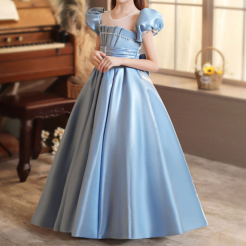 Girl Pageant Dress Little Girl Blue Puff Sleeve Birthday Princess Dress