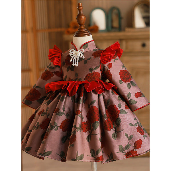 Flower Girl Dress Toddler Ball Gowns Dress Long Sleeve Printed Embroidered Princess Dress