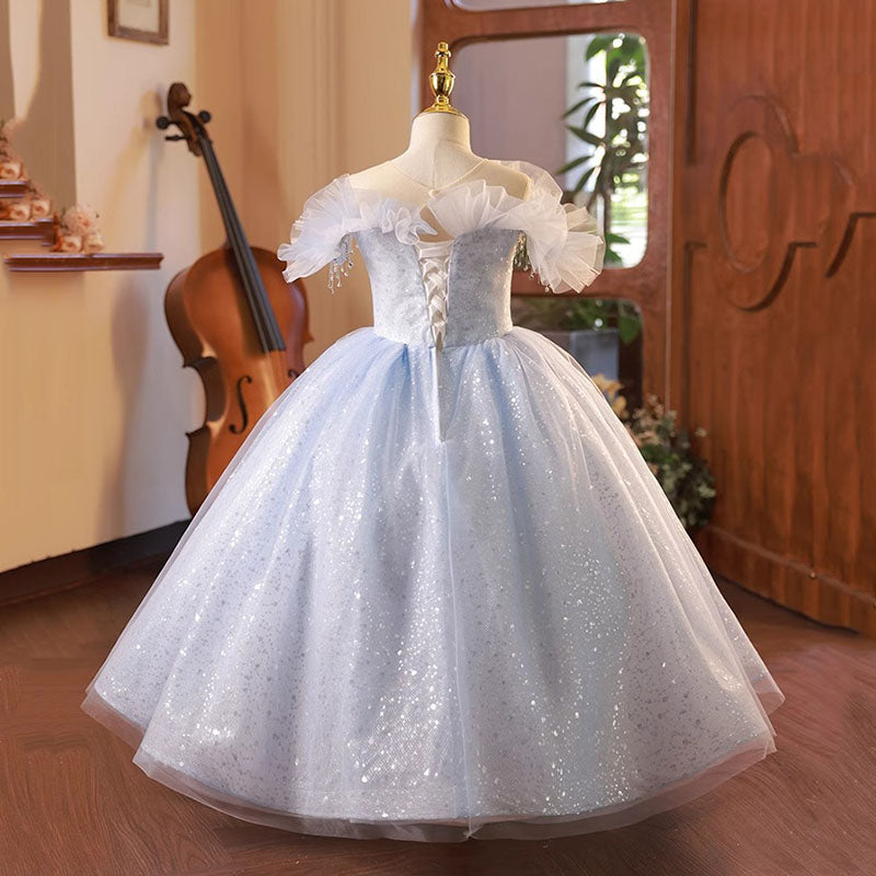Elegant Baby Girls One Shoulder Sequin Blue and White Princess Dress Toddler Girls Formal Dresses, White / 3-4 Years (110cm)