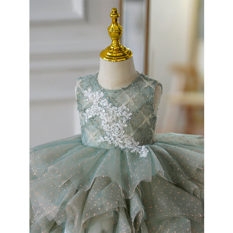 Girl Prom Dress Toddler Summer Green Sleeveless Sequin Cake Princess Dress