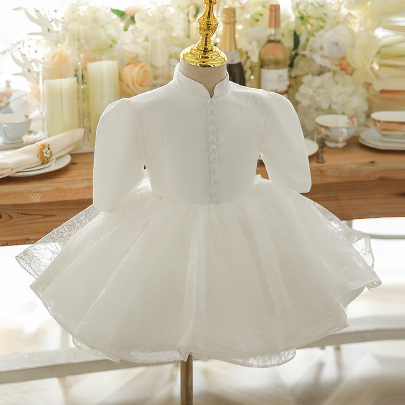 Baby Girl Summer White Back Bow Lace Fluffy Christening Princess Dress
