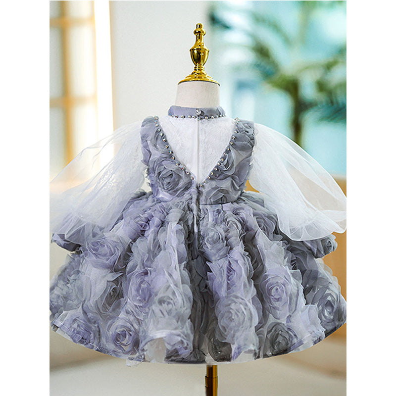 Baby Girl First Communion Dress Flower Girl Princess Dress Rose Beaded Mesh Fluffy  Dress