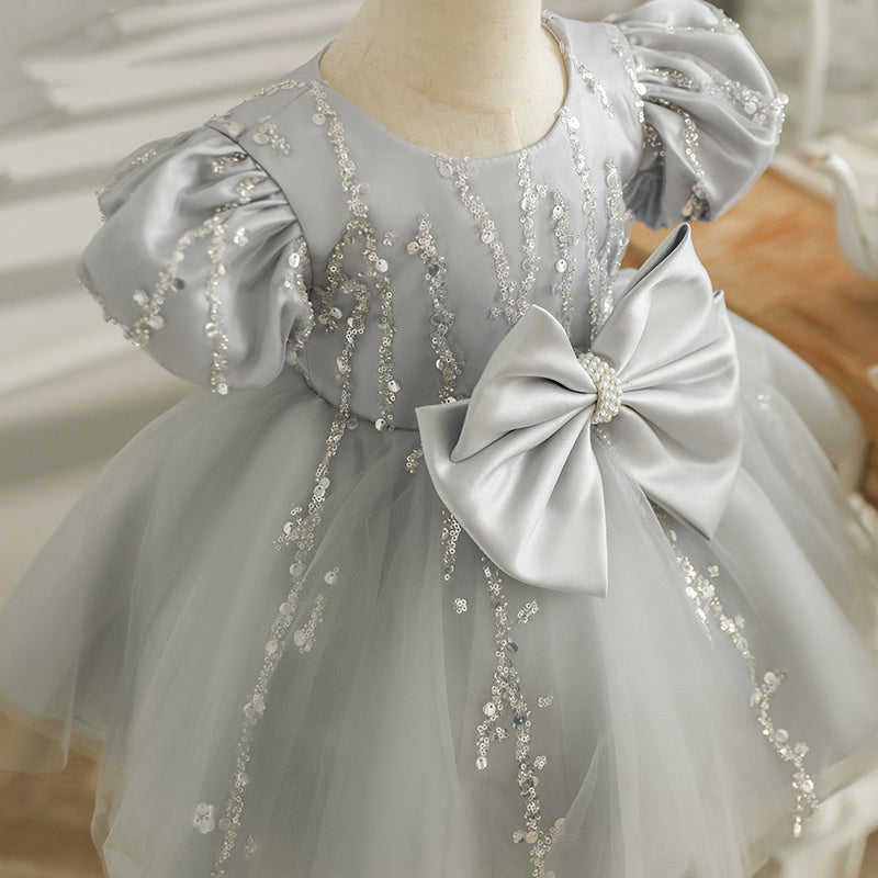 Baby Girl Flower Dress Girl Formal Princess  Birthday Sequin Puff Sleeves Dress