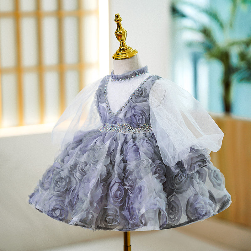 Baby Girl Gray Purple Princess Dress Rose Beaded Mesh Fluffy