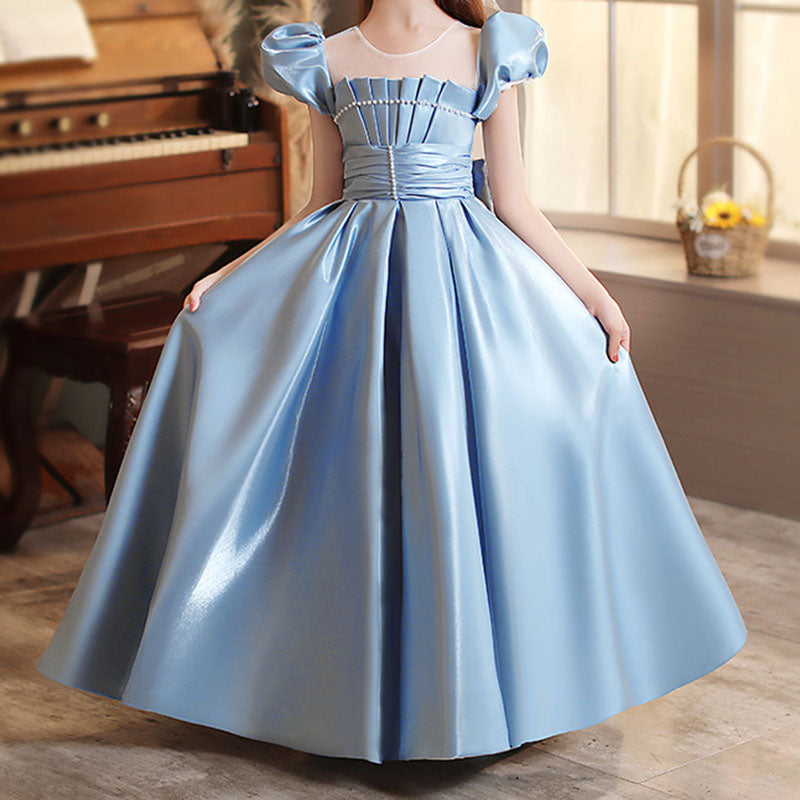 Girl Pageant Dress Little Girl Blue Puff Sleeve Birthday Princess Dress