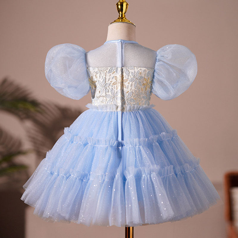 Baby Girl Summer Blue Printed Puffy Princess Party Dress