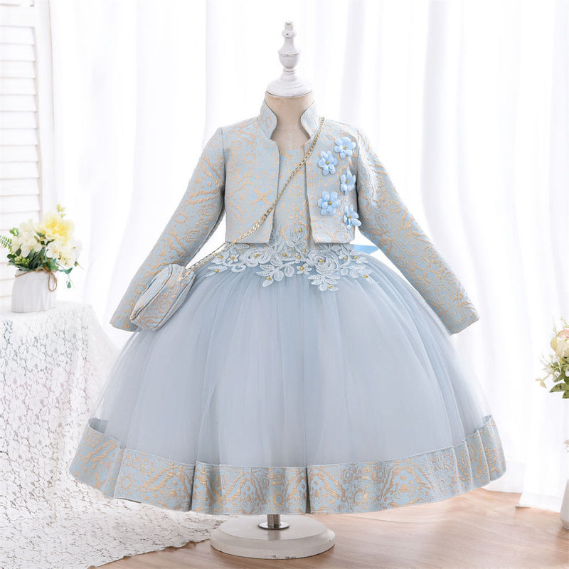 Toddler Girl Birthday Party Dress Two-piece Puffy Long-sleeved Princess  Dress