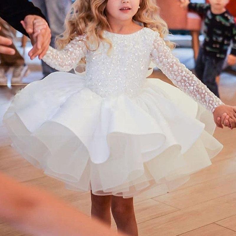 Girl Christmas Dress Toddler Girl Birthday Party Dress White Long Sleeve Bow Puffy Girl Dress Princess Dress