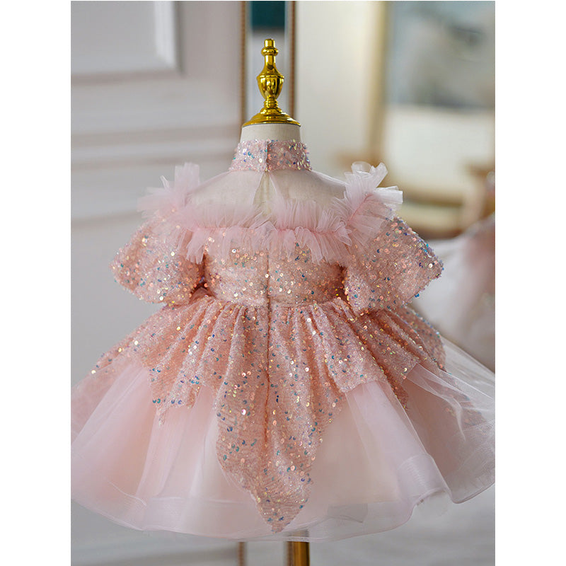 Toddler Prom Dress Girl Summer Pink Birthday Party Net Yarn Sequin Puffy Dress