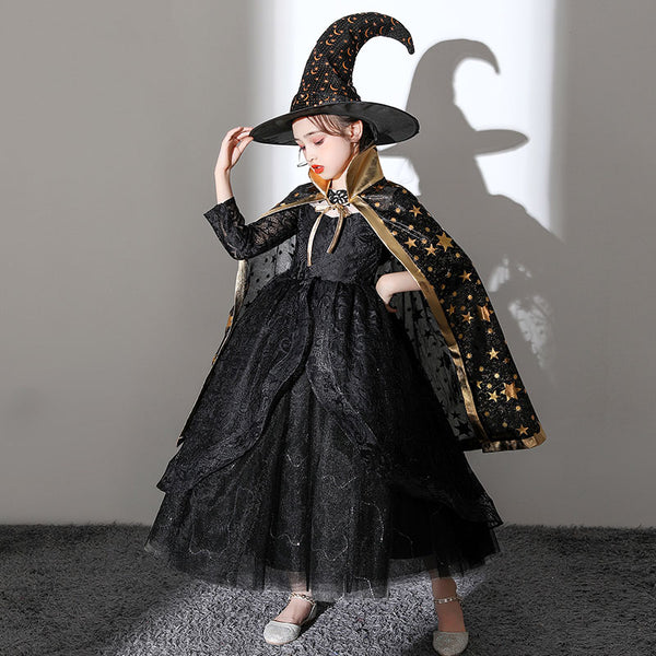 Halloween Costume Girl Black Witch Mage Cosplay Dress