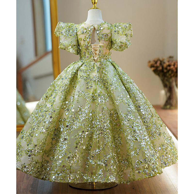 Toddler Ball Gowns Flower Girl Communion Summer Green Sequin Mesh Pageant Princess Dress