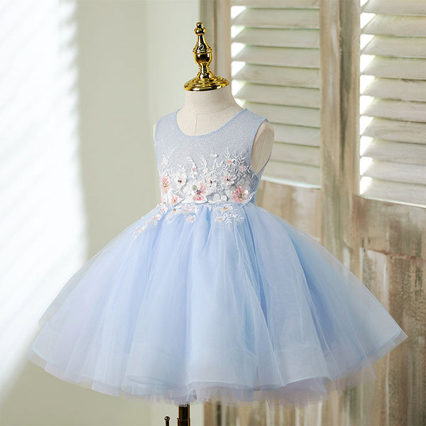 Toddler Prom Dress Girl Embroidery Flower Light Blue Sleeveless Embroidery Party Princess Dress