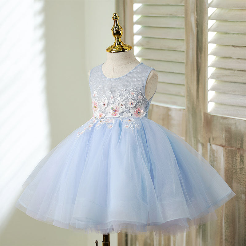 Toddler Prom Dress Girl Embroidery Flower Light Blue Sleeveless Embroidery Party Princess Dress, Blue / 7-8 Years (140cm)