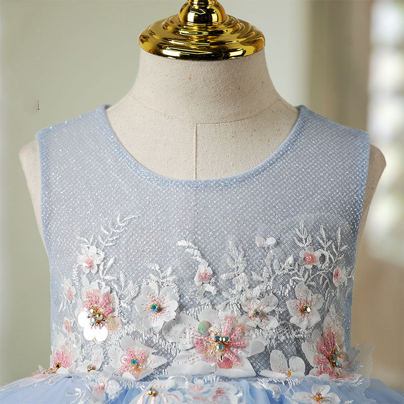 Toddler Prom Dress Girl Embroidery Flower Light Blue Sleeveless Embroidery Party Princess Dress