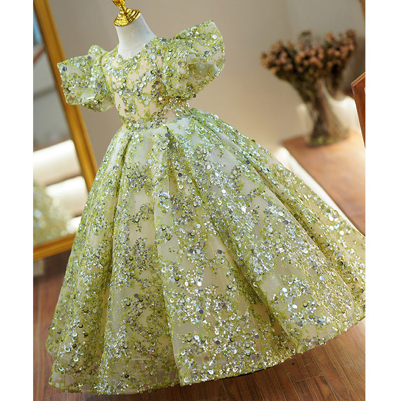Toddler Ball Gowns Flower Girl Communion Summer Green Sequin Mesh Pageant Princess Dress