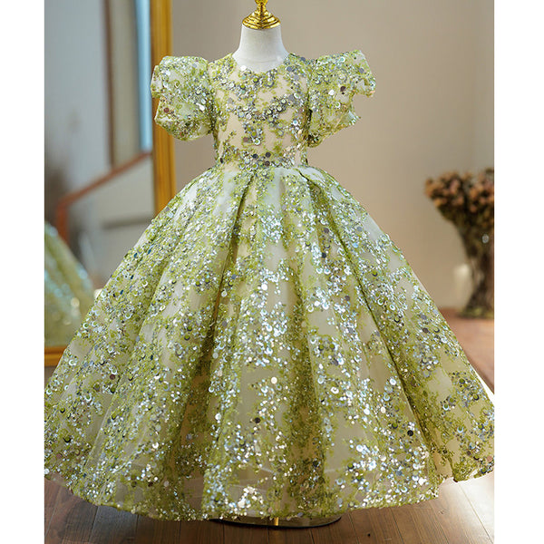 Toddler Ball Gowns Flower Girl Communion Summer Green Sequin Mesh Pageant Princess Dress