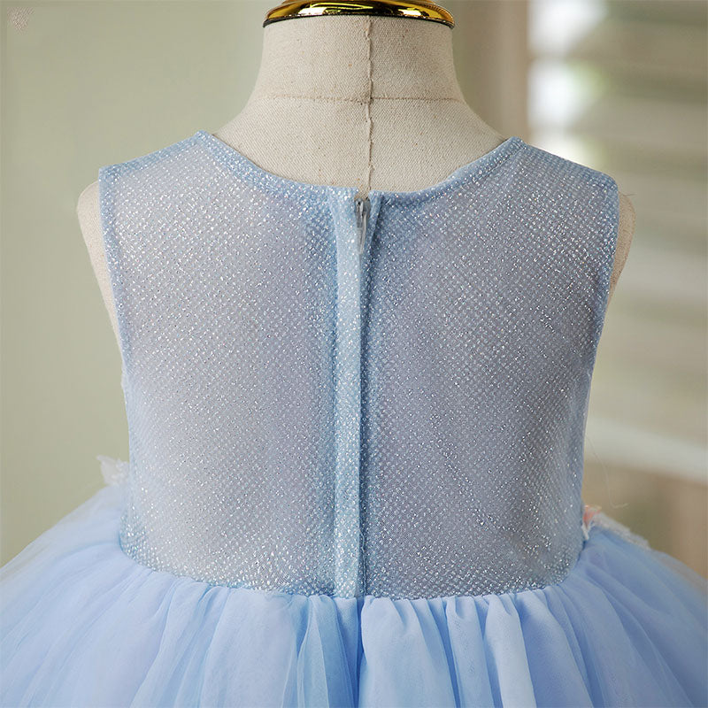 Toddler Prom Dress Girl Embroidery Flower Light Blue Sleeveless Embroidery Party Princess Dress