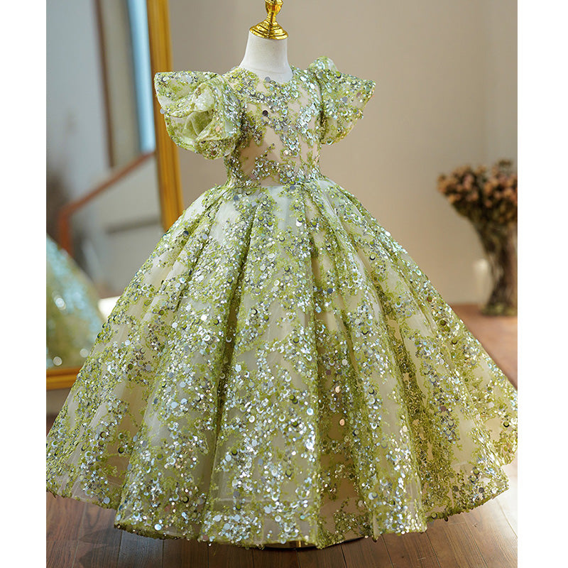 Toddler Ball Gowns Flower Girl Communion Summer Green Sequin Mesh Pageant Princess Dress