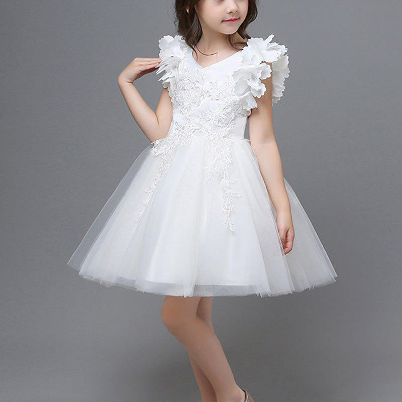 Girls Pageant Princess Dresses Baby Girl Summer Petal Sleeve Embroidered Mesh Fluffy Prom Dress