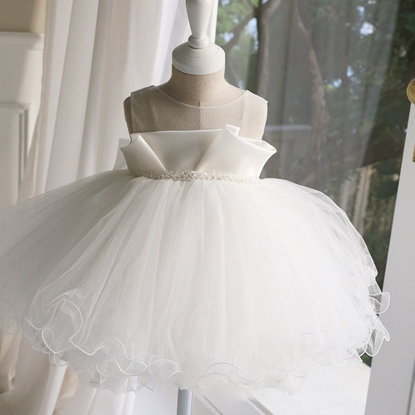 Flower Girl Dresses Baby Girl Summer White Bow Sleeveless Round Neck Puffy Formal Dresses