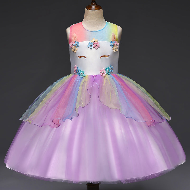 Toddler Girl Birthday Party Dress Flower Round Neck Sleeveless Puffy Princess Pageant Dress